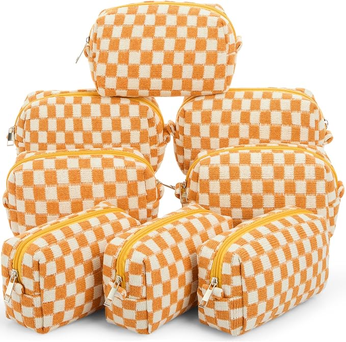 Gilprop 8 Pcs Checkered Makeup Bag for Purse Small Cosmetic Pouch Bulk Portable Zipper Makeup Pouch Travel Toiletry Organizer Gifts for Women Bridesmaid Wedding Party Favors (Orange) by Gilprop