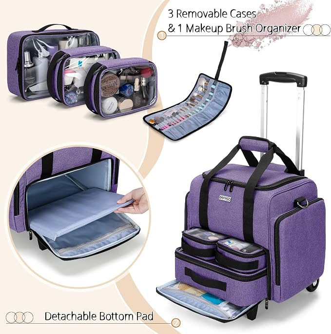 BAFASO Rolling Makeup Case with 3 Removable Pouches, Purple | with 1 Makeup Brush Bag, Professional Makeup Train Case Cosmetic Bag with Detachable Dolly (Patented). - Image 3