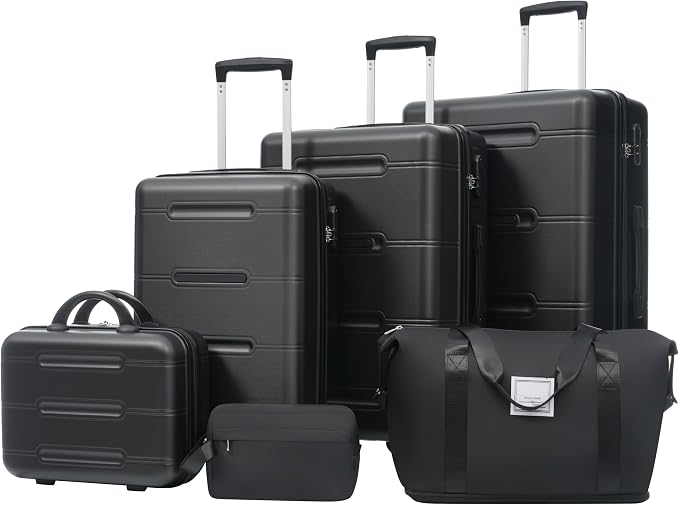Black 6 Piece Luggage Set Hard Shell - Checked Suitcases with Spinner Wheels and Duffel Bags for Family Travel, Durable Carry On Luggage Sets with Lock & 14" Cosmetic Case for Women and Men by Unknown