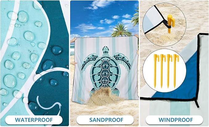 WIWIGO Beach Blanket Sandproof Extra Large Beach Mat Adults Waterproof Quick Drying Sand Free Mat Made By Premium Polyester with 4 Stakes & 4 Corner Pockets for Outdoor Travel Camping Hiking - Image 3