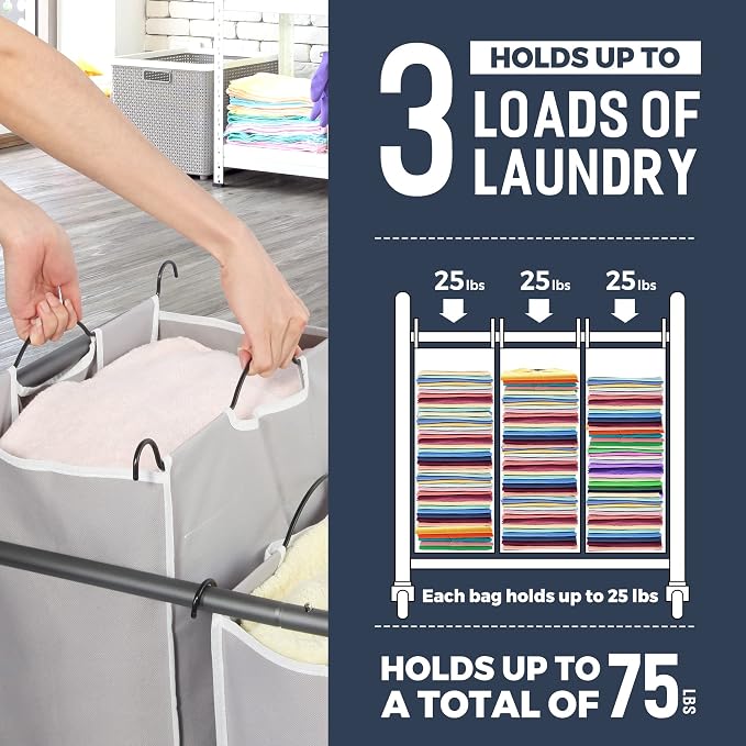 STO STO Laundry Sorter 3 Section, 3 Bag Clothes Hamper, Rolling Laundry Cart Basket with Heavy Duty Lockable Wheels and Removable Bag for Laundry Room, Bedroom, Closet, Gray - Image 4