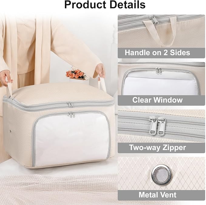 Comforter Storage Bag - Large Capacity Blanket Storage Bags Front-opening Ultra Space Saving Self Compression Organizer, Washable Compression Bags for Storage Comforter Blanket, 1 Pack, Beige - Image 7