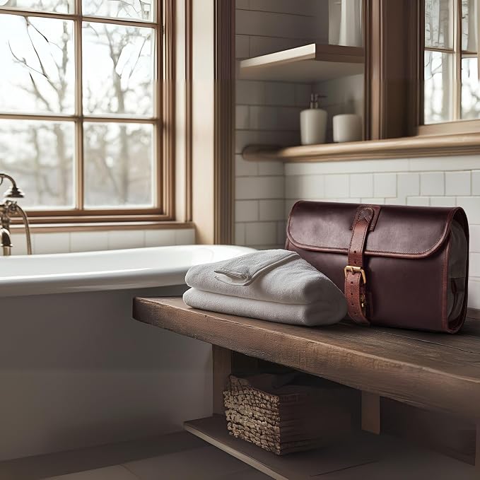 LEATHER VILLAGE Hanging Genuine Leather Toiletry Bag for Men & Women with Waterproof Lining – Handcrafted Vintage Travel Dopp Kit, Shaving Organizer & Shower Bathroom Essentials Case - Cherry - Image 7