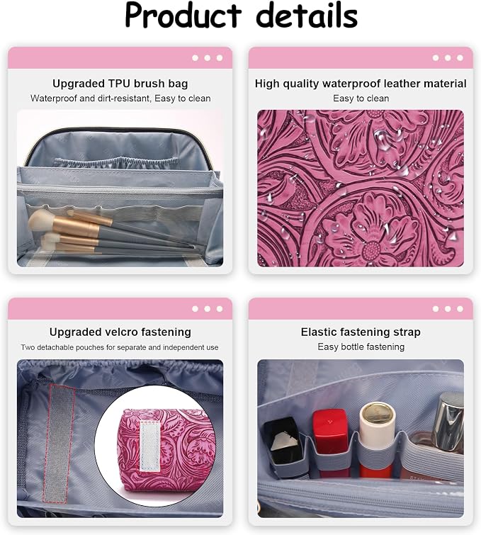BOYATU Travel Makeup Bags Cosmetic Organizer Bag: 3 Pcs Set Large Capacity Floral Make up Bag with Compartments - Waterproof Leather Toiletry Bags with Handle for Women (20-Red) - Image 6