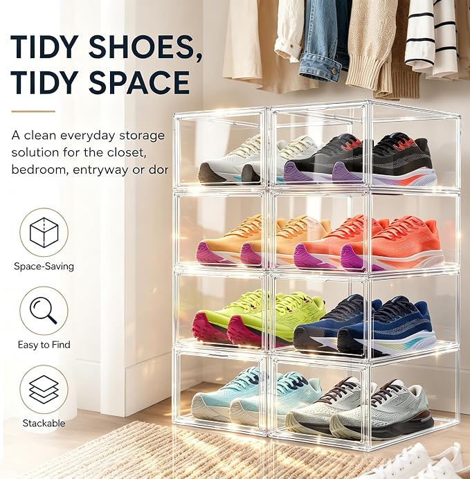 2 Pack Drop Front Shoe Boxes Acrylic Box Sneaker Case Size 12, Transparent Display Cases for Sneaker Collections, Baseball Caps, Hat Organizer Dust-free Shoe Cubbies Stackable Sneaker Boxes - Image 8