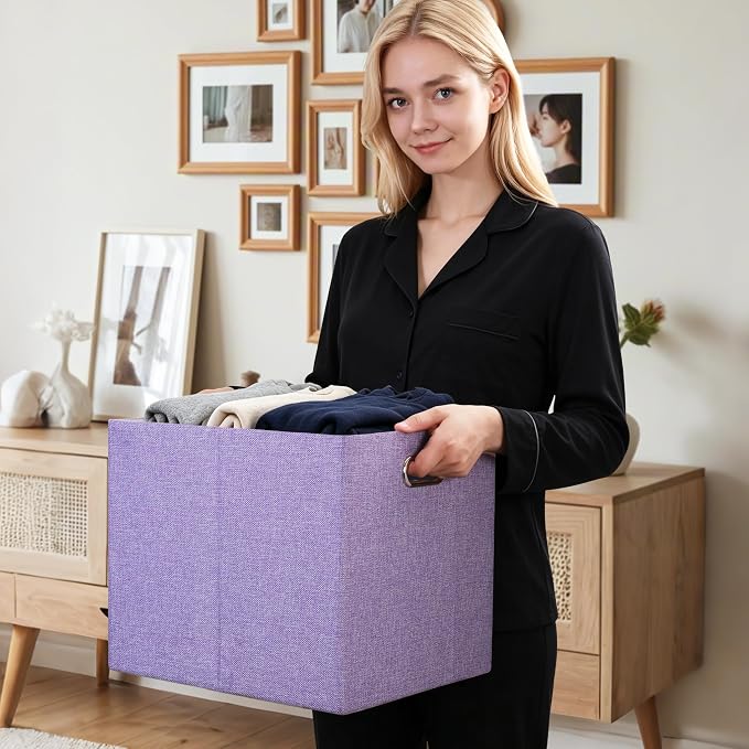 Posprica 3X Thicker Collapsible Storage Bins,13×15x13 Foldable Storage Cube Boxes Fabric Drawer for Closet Shelf Cabinet Bookcase, set of 4 (Purple) - Image 8