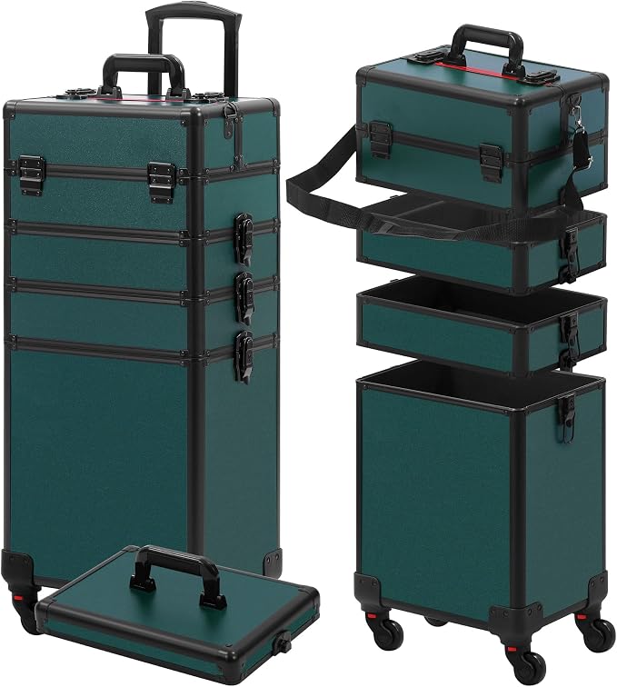 Somduy Makeup Train Case, Rolling Makeup Case with Lid, 5 in 1 Cosmetology Case on Wheels, Christmas Gift, Large Makeup Case Organizers, Profesional Cosmetic Case for Salon Barber, Black Green by Somduy