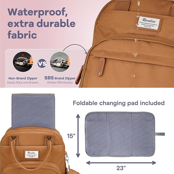 RUVALINO Diaper Bag Backpack-Multifunction Baby Travel Bag with Changing pad, Insulated Bottle Holders & Pacifier Case, Large Capacity, Waterproof, Dark Brown - Image 4