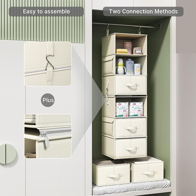 Vailando 6-Shelf Hanging Closet Organizer with 3 Drawers, 2 Separable 3-Shelf Closet Organizers and Storage for Wardrobe Organization, Hanging Dresser for Nursury & Dorm Clothes Organizer, Beige - Image 6