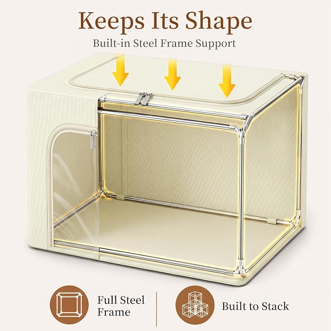 GoMaihe 3 Opening Clothes Storage Bins with Metal Frame, 66L Blanket Storage Organizer for Walk-in Closet Large Storage Boxes with Clear Window for Bedding Winter Clothing 3-Pack Beige - Image 4