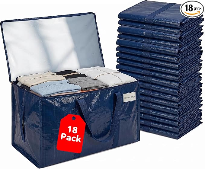 18 Pack Heavy Duty Storage Moving Bags with Zippers, Foldable Closet Organizer Storage Bin for Daily Organization, Camping, Travel, Decluttering, Transport, Packaging Moving (26.8"x13"x13.8") by Unknown