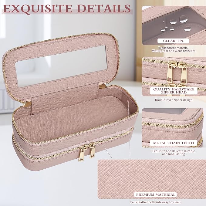 Double Layer Makeup Bag Makeup Brush Case Waterproof Travel Cosmetic & Toiletry Bag Purse Organizer and Car Essentials for Women (Pink 2-Layer SLIM) - Image 6
