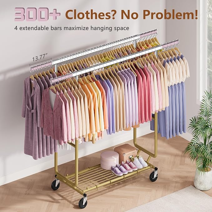 Hoctieon 2-Minute Assembly Double Rod Clothes Rack, Heavy Duty Rolling Clothing Racks with Wheels, Foldable Commercial Garment Rack, Extendable Hanging Bar, Adjustable Metal Pole with Hooks, Gold - Image 2