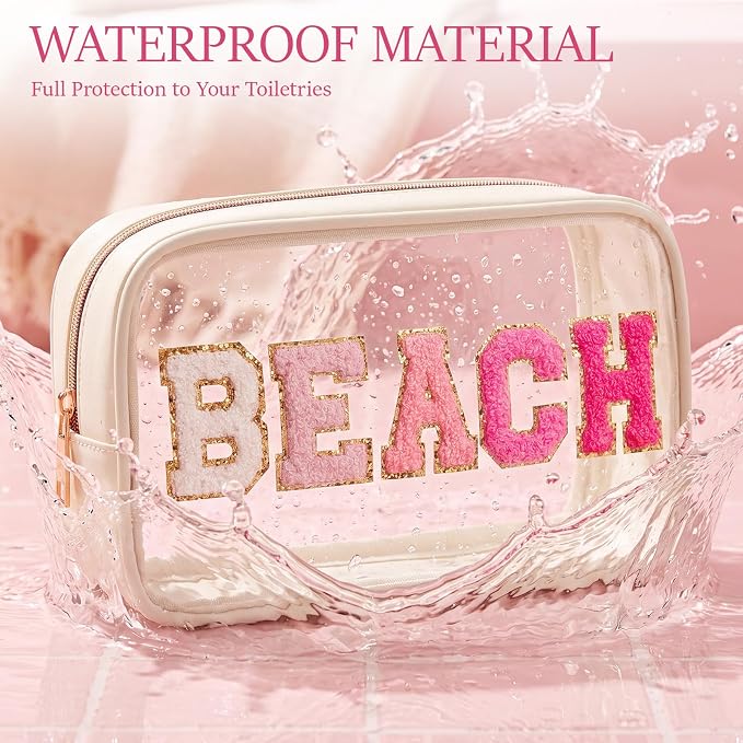 Kacctyen 10 Pcs Beach Clear Makeup Bags with Zipper in 5 Assorted Colors, Chenille Letter Sunscreen Bags Bulk, Waterproof Clear Toiletry Bag for Women Beach Pool Trip & Summer Birthday Party Favors - Image 4