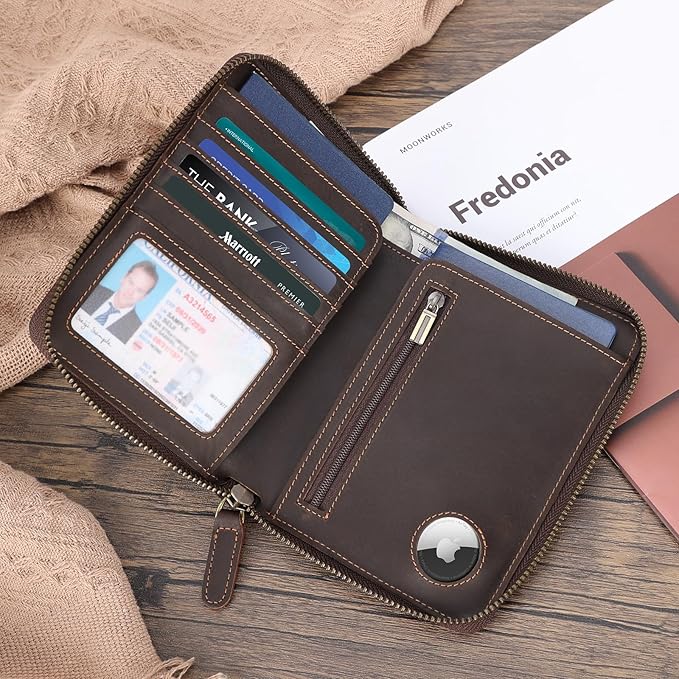 Polare Full Grain Leather Travel Passport Wallet with YKK Zipper and RFID Blocking Document Organizer Holder 2 Passports (Dark Brown with AirTag Slot) - Image 3