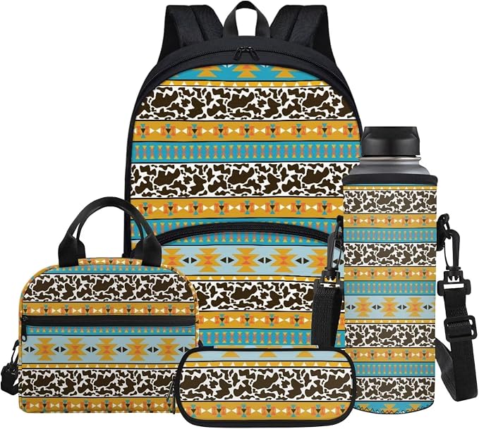 Cow Aztec Western Backpack Teen Girls Kids School Bookbag Casual Daypacks Travel Backpack with Lunch Box & Pencil Case & Water Bottle Sling Bag by Glomenade