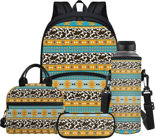 Cow Aztec Western Backpack Teen Girls Kids School Bookbag Casual Daypacks Travel Backpack with Lunch Box & Pencil Case & Water Bottle Sling Bag by Glomenade