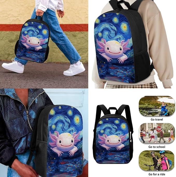 Axolotl Backpack with Lunch Box Set for Girls 6-8/5-7 Starry Night Bookbag for 2nd Grade Elementary School Back Pack Lunch Bag Pencil Case 4PCS Kids Book Bags Lunchbox Water Bottle Holder - Image 3