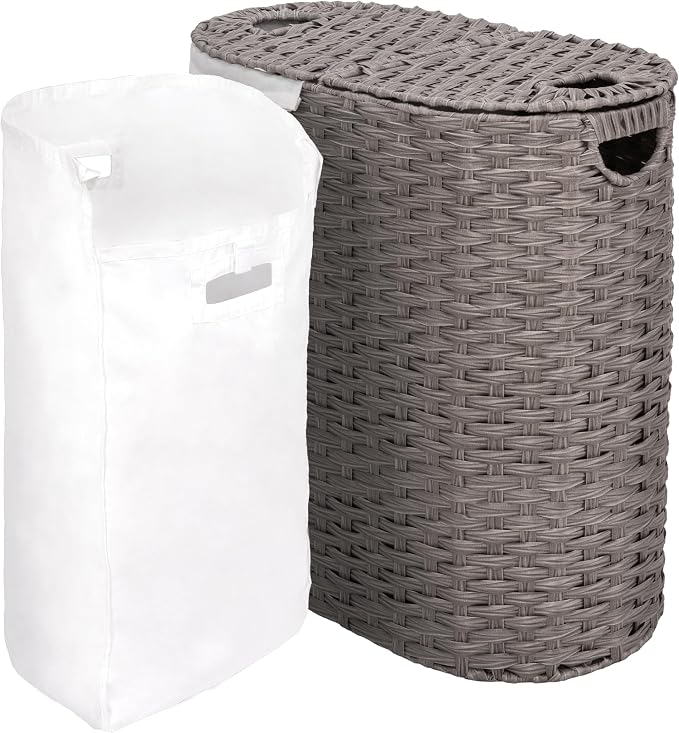 Seville Classics Premium Handwoven Portable Laundry Bin Basket with Carrying Handles, Household Storage for Clothes, Linens, Sheets, Gray, Oval Hamper - Image 5