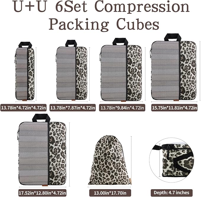 U+U 6 Set Compression Packing Cubes - Travel Organizers with Laundry Bag, Space-Saving Suitcase Organizer, Expandable Packing Organizers for Travel Essentials (Leopard) - Image 3