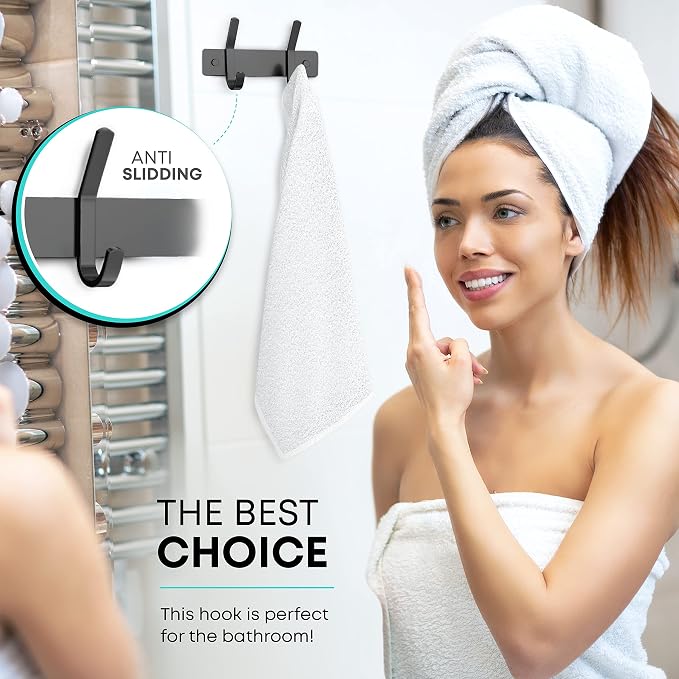 Coat Rack Wall Mount – 6 Inch Stainless Steel Small Hook Rail with 2 Double Coat Hooks for Hanging – Wall Mounted Entryway Organizer for Coats, Hats, Bags, Towels, Robes, Bedroom or Bathroom - Black - Image 5