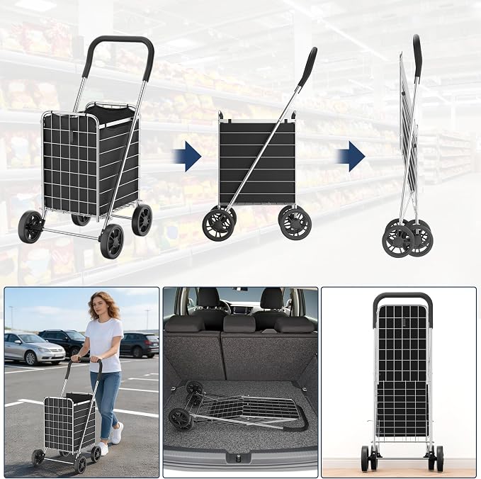 Whitmor Foldable Utility Shopping Cart with Wheels, 60Lb Capacity, Heavy Duty Grocery Cart with Steel Frame, Foam Handle, Rolling Utility Cart for Grocery, Laundry, Travel, Sliver/w Liner - Image 5