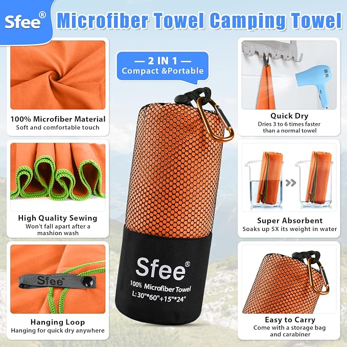 Sfee 2 Pack Microfiber Travel Towel, Quick Dry Towel Camping Towel Super Absorbent Compact Lightweight Sports Swim Gym Towel Beach Towels Set for Gym, Hiking, Pool, Backpacking, Bath, Yoga - Image 2