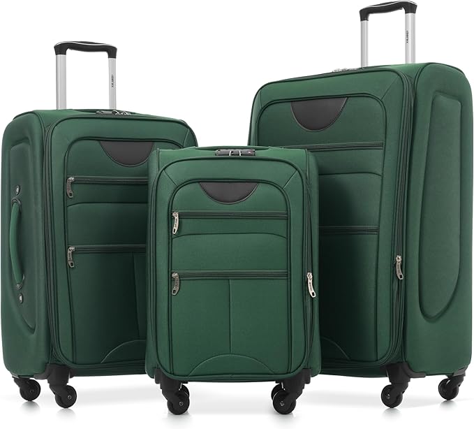 Merax Softside Luggage Set Softshell Lightweight 3 Piece Spinner Suitcase | Travel Suitase with TSA Lock Spinner Wheels Lightweight Upright Luggage,Dark Green by Merax