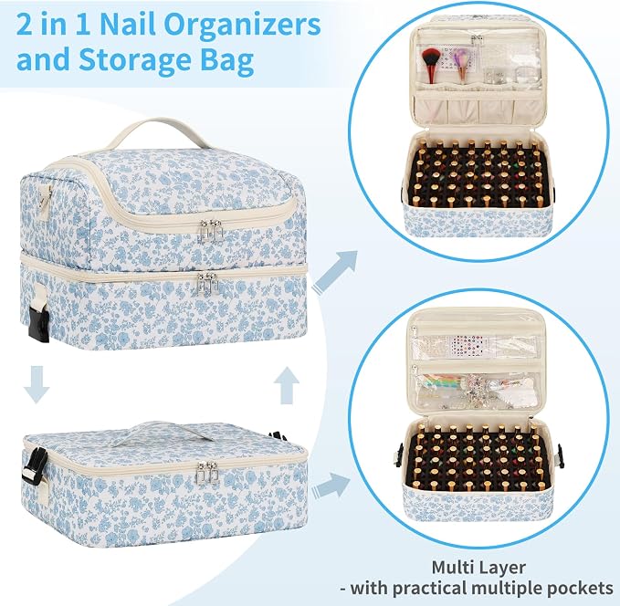 Extra Large Nail Polish Organizer - Three Layer Nail Organizers And Storage Bag, Portable Nail Supplies Organizer Case, Nail Tech Kit Travel Carrying Box with Shoulder Strap (Floral Blue, 117 Slots) - Image 5