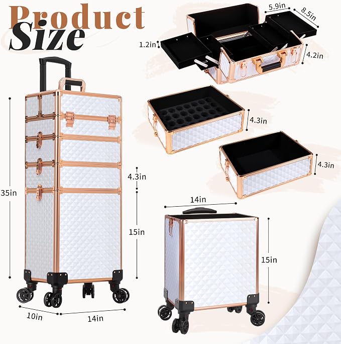 AROUS Rolling Makeup Train Case 4 in 1 Cosmetology Case on Wheels Large Storage Cosmetic Trolley with Key Salon Barber Case Traveling Cart Trunk,White - Image 3