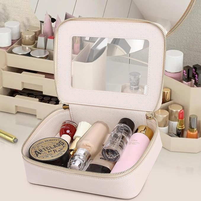 Pinkmik Clear Makeup Bag for Women Waterproof Travel Cosmetics and Toiletries Case Portable Makeup Oaganizer Bag Clear Car Bag with Zipper (Beige, M) - Image 4
