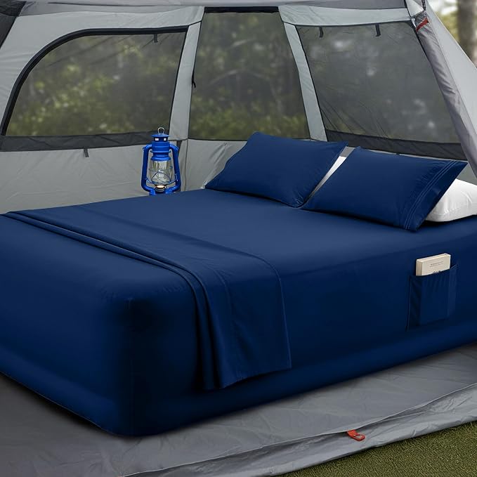 Mocassi 4-Piece Extra Deep Pocket 16-24 Inch Air Mattress Bed Sheet Set- 4PC Sheet Set with Smart Pockets Ideal for Air Beds, RVs, Camping and Guest Rooms Premium Hotel Quality, King, Navy Blue by MocassiLuxuryBedding