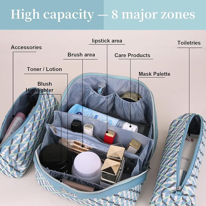 BOYATU Travel Makeup Bags for Women: Large Capacity Cosmetic Bag Set of 3 - Vegan Leather Make up Bags with Compartments - Wide Open Waterproof Toiletry Organizer Bag with Handle (P-02-Blue) - Image 2