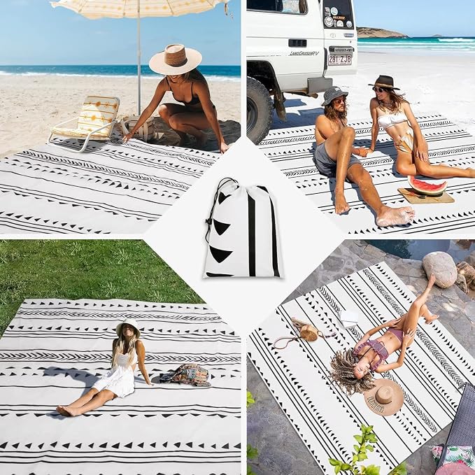 ADecor Beach Blanket Waterproof Sandproof, Large Picnic Blankets with Stakes & Travel Bag, Lightweight, Quick-Dry, Compact Beach Mat for Outdoors, Camping, Beach, Trips - Monochrome Tribal - Image 6