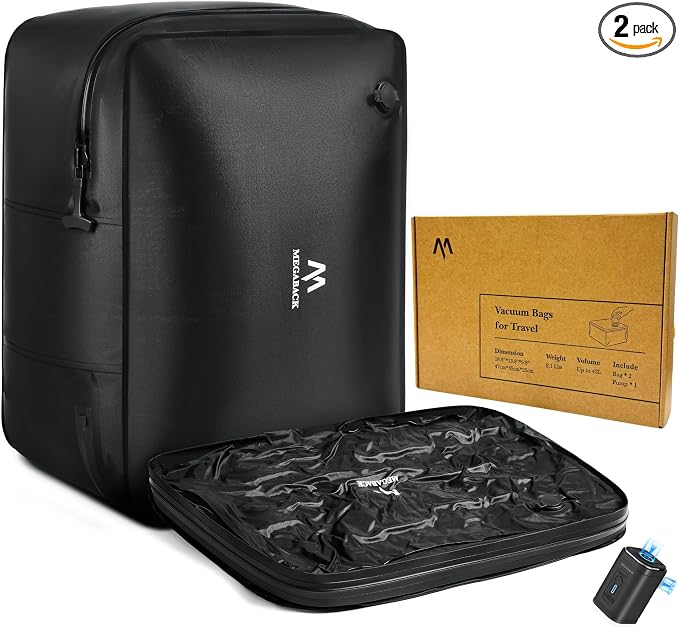 Vacuum Bags for Travel with Pump, Reusable Vacuum Compression Bags for Luggage, IP68 Waterproof, Top-open Design, Fits 20/24/28 Inch Suitcase (2PC+Pump, 43L) by MegabackAirbagBackpack