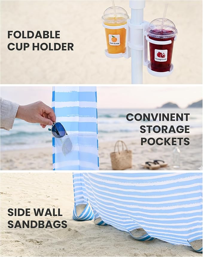 Qipi Beach Cabanas for Sand, Beach Canopy with Sandbags & Side Wall for Family, Easy Set Up Sun Shelter, UPF 50+ UV Protection with Roof Vent - Image 9