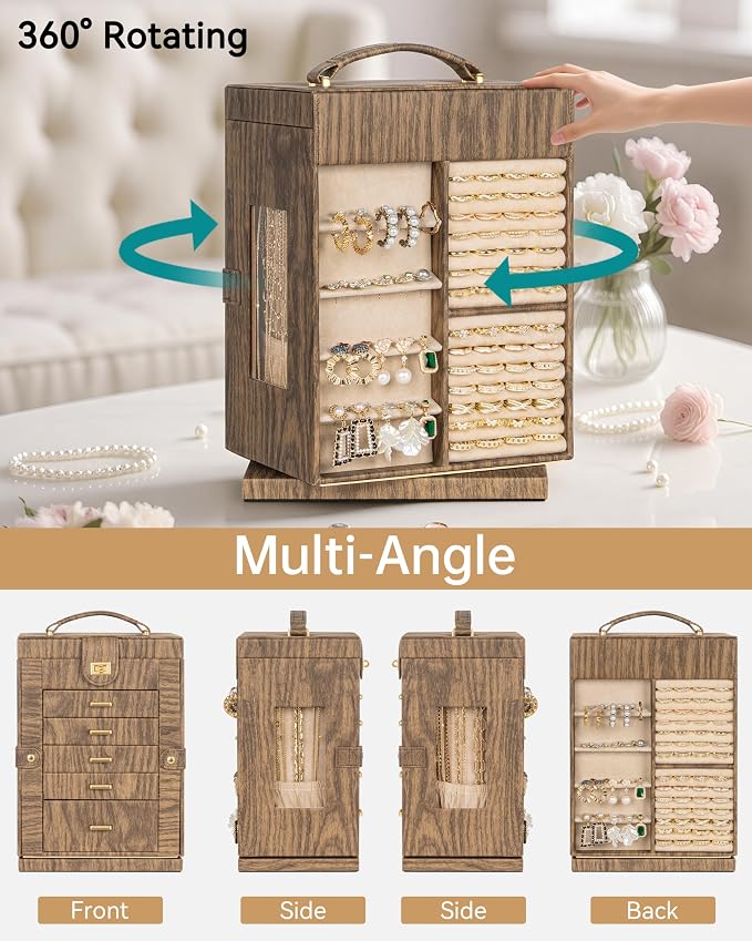 AKOZLIN 6-Tier Jewelry Box Organizer Functional 5 Drawers Leather Jewelry Storage Case for Women Girls Ring Necklace Earring Bracelet Holder Organizer with Mirror Wood Grain 360° Rotating - Image 4