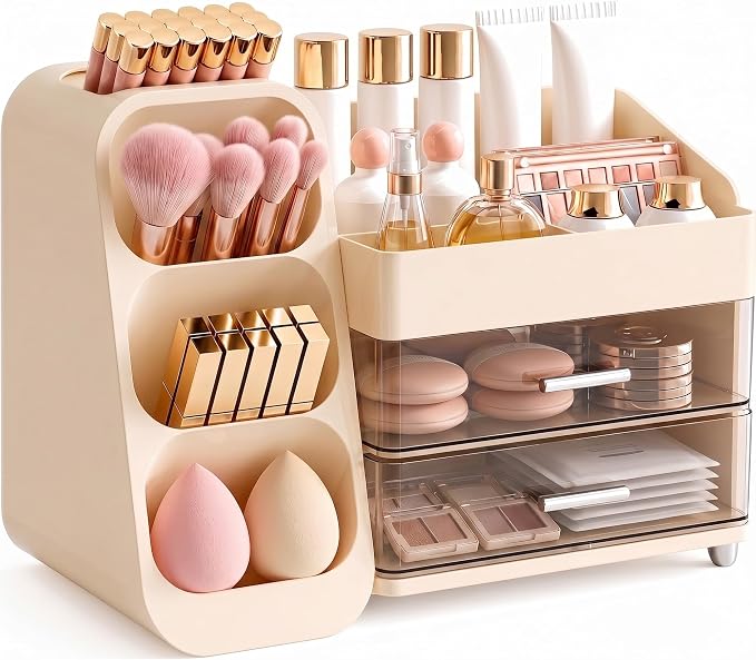 Large Makeup Organizer Countertop Skincare Organizers, Spacious Cosmetic Display Case for Vanity Organizers Storage, Waterproof Make Up Organizer for Bathroom, Birthday Gifts for Women, Cream by KQJS