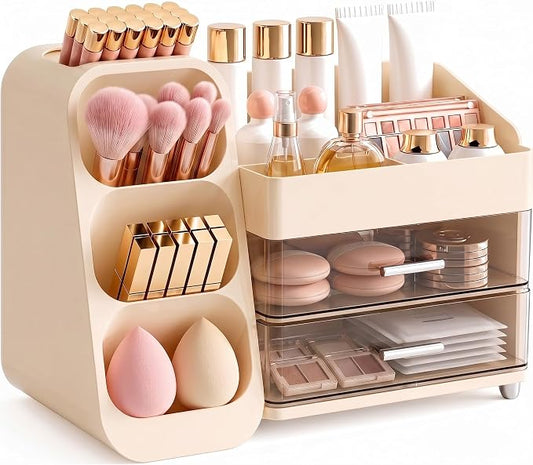 Large Makeup Organizer Countertop Skincare Organizers, Spacious Cosmetic Display Case for Vanity Organizers Storage, Waterproof Make Up Organizer for Bathroom, Birthday Gifts for Women, Cream by KQJS