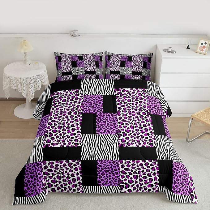 Erosebridal Purple Leopard Bedding Set Patchwork Cheetah Print Comforter Sets King Size for Girls Teens Adults Women Bedroom Black Zebra Pattern Duvet Sets Animal Skin Down Comforter 2 Piece - Image 2
