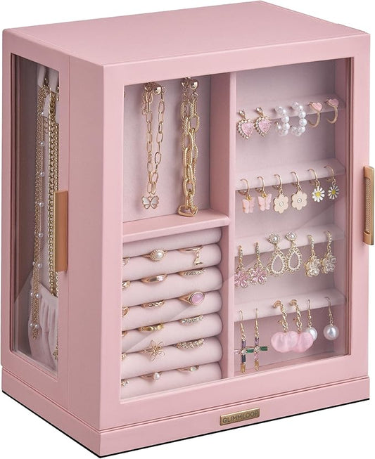 Glimmloop 360° Rotating Jewelry Box with 5 Drawers, Spacious Vertical Jewelry Organizer with Glass Window, Jewelry Storage Case, Dustproof & Moisture-resistant Design, Pink by Glimmloop