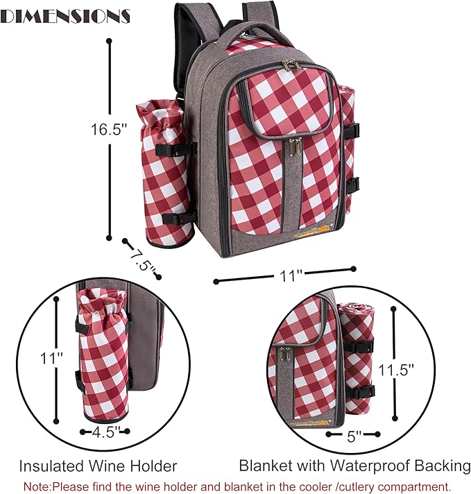 apollo walker Picnic Backpack Bag with Cooler Compartment, Detachable Bottle/Wine Holder, Fleece Blanket, Plates and Cutlery Set (2 Person, Gray) - Image 3