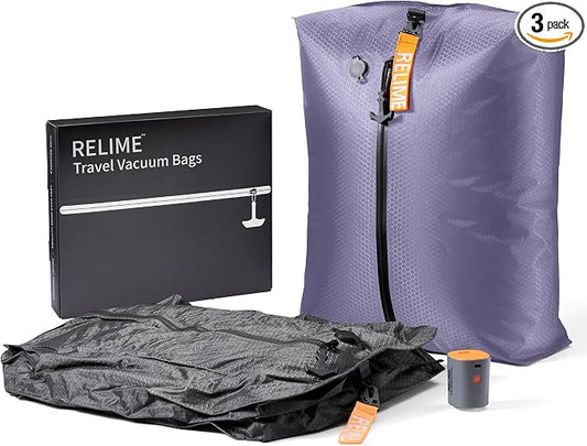 Relime Classic Series Vacuum Bags for Travel Luggage with Wireless Pump, Compression Bags for Carry On Suitcases and Backpack, Vacuum Seal Packing cube for Cloth Packing (2PC + PUMP Gray & Lavender) by Relime