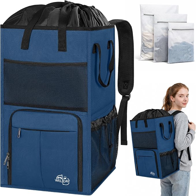 170L Laundry Backpack Bag with 3 Sizes Mesh Wash Bags Empty, Extra Large 2 in 1 Laundry Hamper Basket with Shoulder Straps, Freestanding Laundry Bag for College Dorm, Laundromat, Apartment (Blue) by WELIDAY