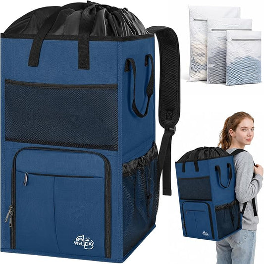 170L Laundry Backpack Bag with 3 Sizes Mesh Wash Bags Empty, Extra Large 2 in 1 Laundry Hamper Basket with Shoulder Straps, Freestanding Laundry Bag for College Dorm, Laundromat, Apartment (Blue) by WELIDAY