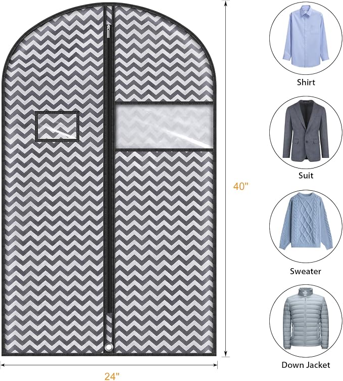 Syeeiex 40" Suit Bag, Set of 5 Garment Bags for Hanging Clothes, Suit Bags for Closet Storage, Garment Bags for Storage Suits,T-shirts, Jackets and Coats (Dark Grey) - Image 2