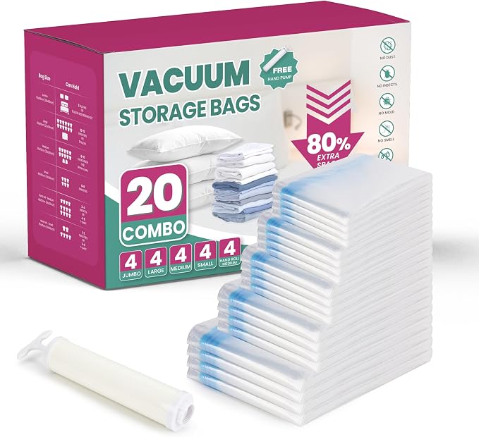 Space Bags Vacuum Storage Bags (Variety 20 Pack) Save 80% Space - Vacuum Bags for Comforters and Blankets, Bedding, Compression Seal for Closet Storage - Pump for Travel by InfiniPower