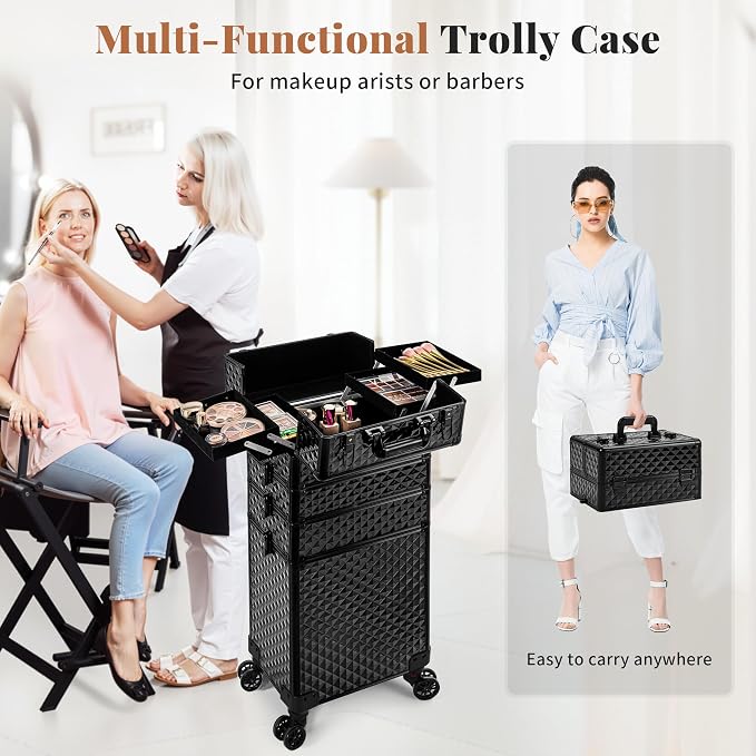AROUS Rolling Makeup Train Case 4 in 1 Cosmetology Case on Wheels Large Storage Cosmetic Trolley with Key Salon Barber Case Traveling Cart Trunk, Black - Image 7