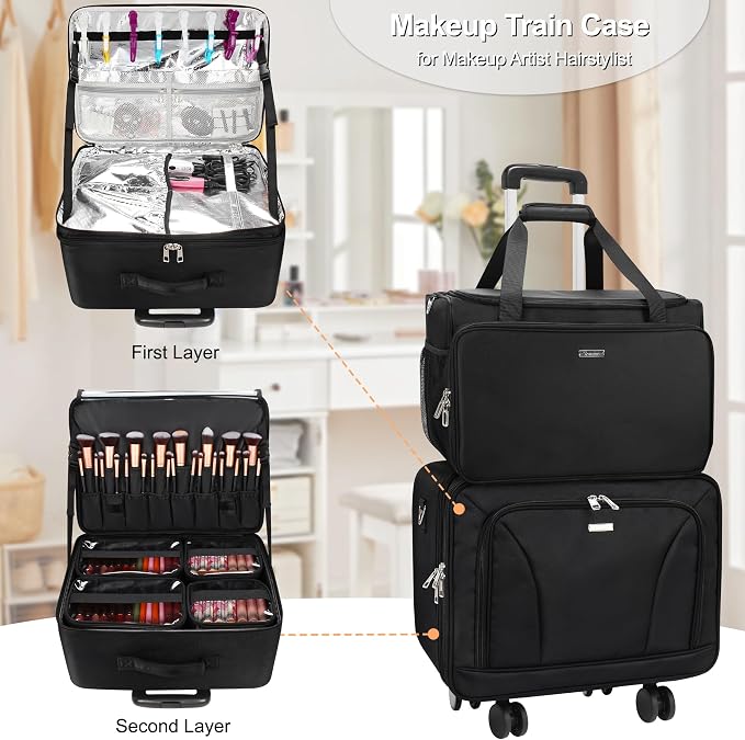 MONSTINA Rolling Makeup Train Case, Hairdressing Bag Cosmetology Case on Wheels Makeup Artist Bag Hairstylist Travel Cosmetic Organizer Storage Bag with 4 Bag (Black+Hairdressing Bag) - Image 3