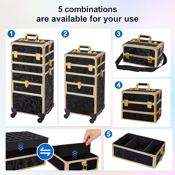 Somduy Rolling Makeup Case with Drawer, Makeup Train Case, 4 in 1Cosmetology Case on Wheels, Christmas Gift, Large Makeup Organizers, Profesional Cosmetic Case for Salon Barber, Pattern Black Gold - Image 3